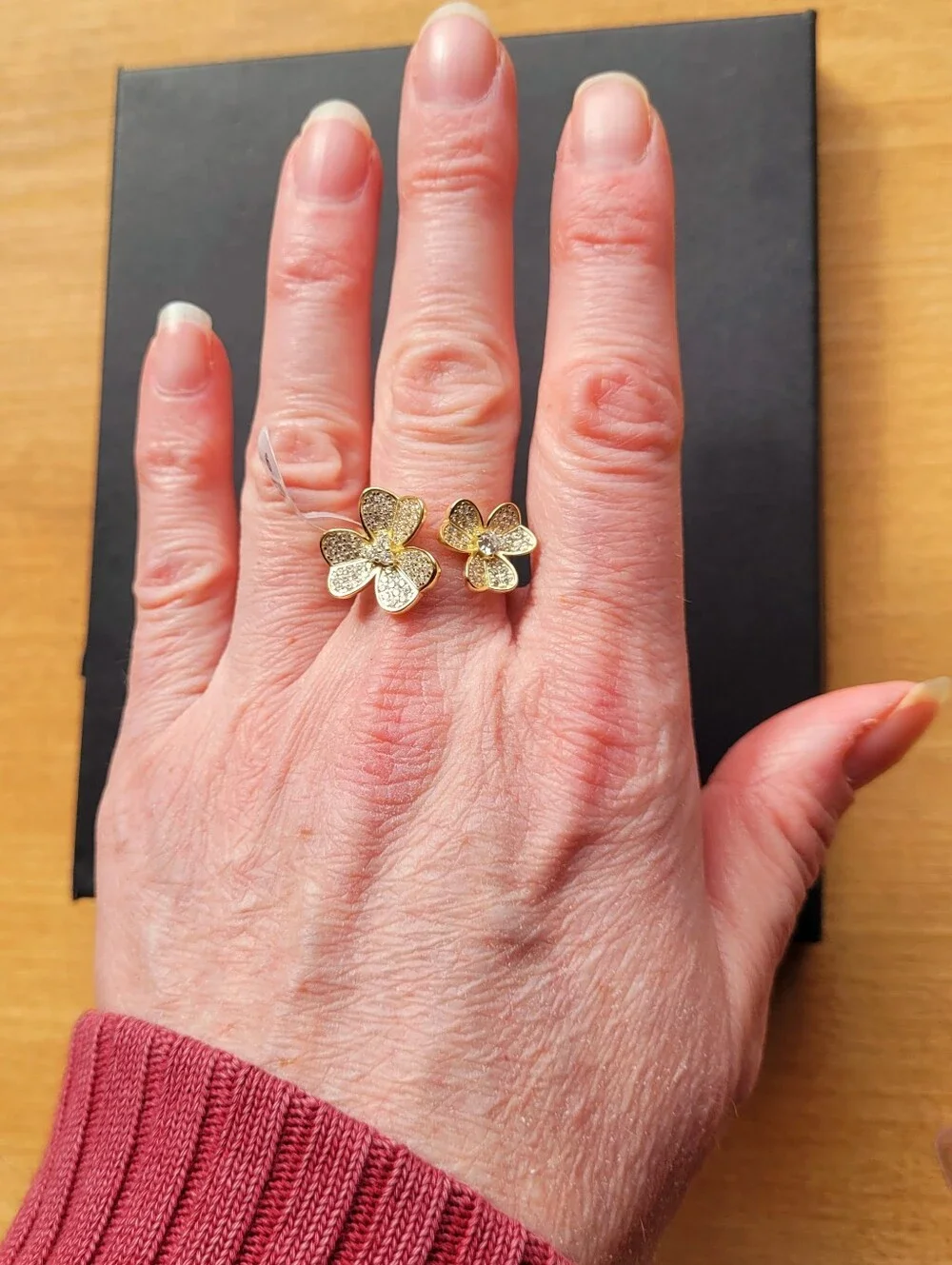 S925 Sterling Silver 18K Gold Plated Double Clover Flower Open Bypass Ring — CZ